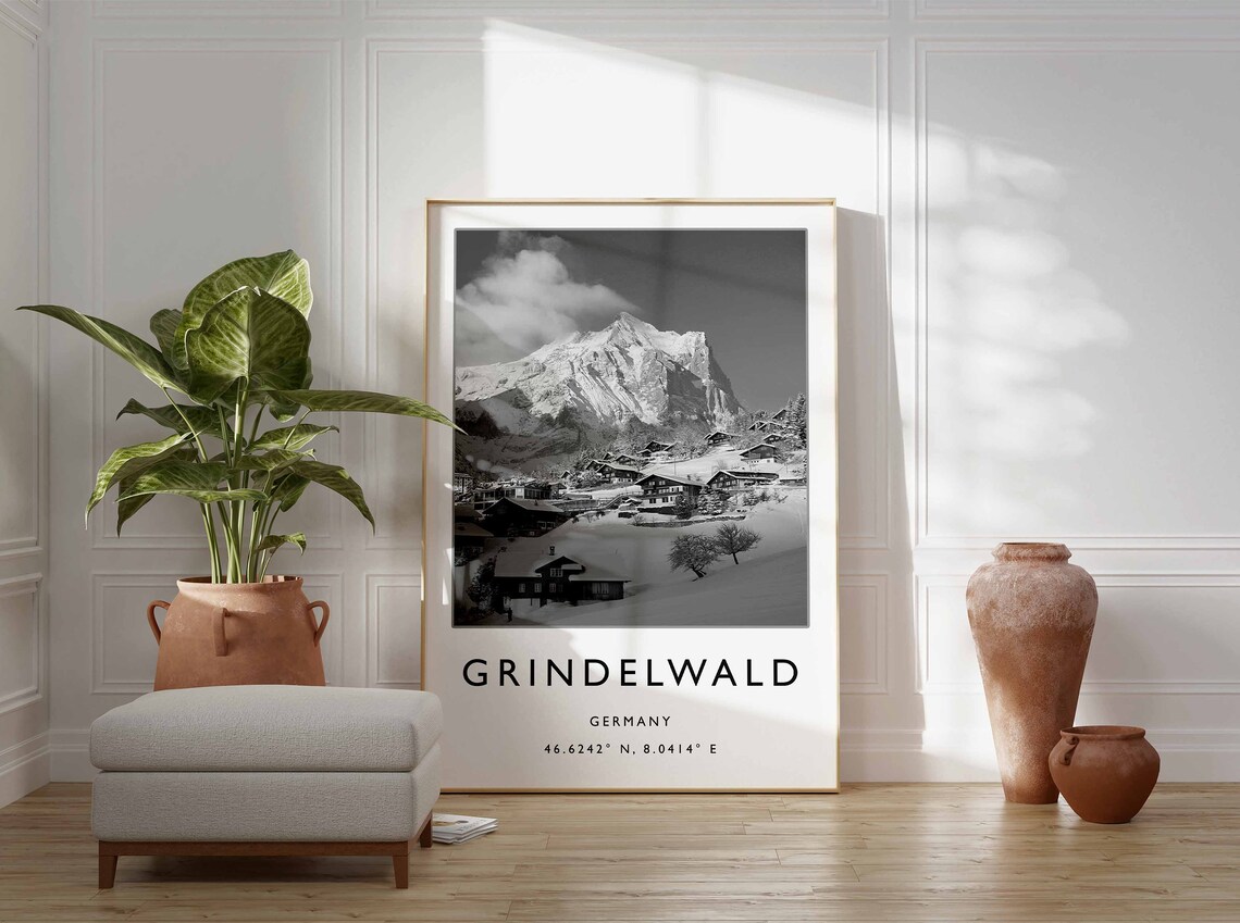 Grindelwald Germany Black and White Snowy Mountain Village Photo Poster - Image 3