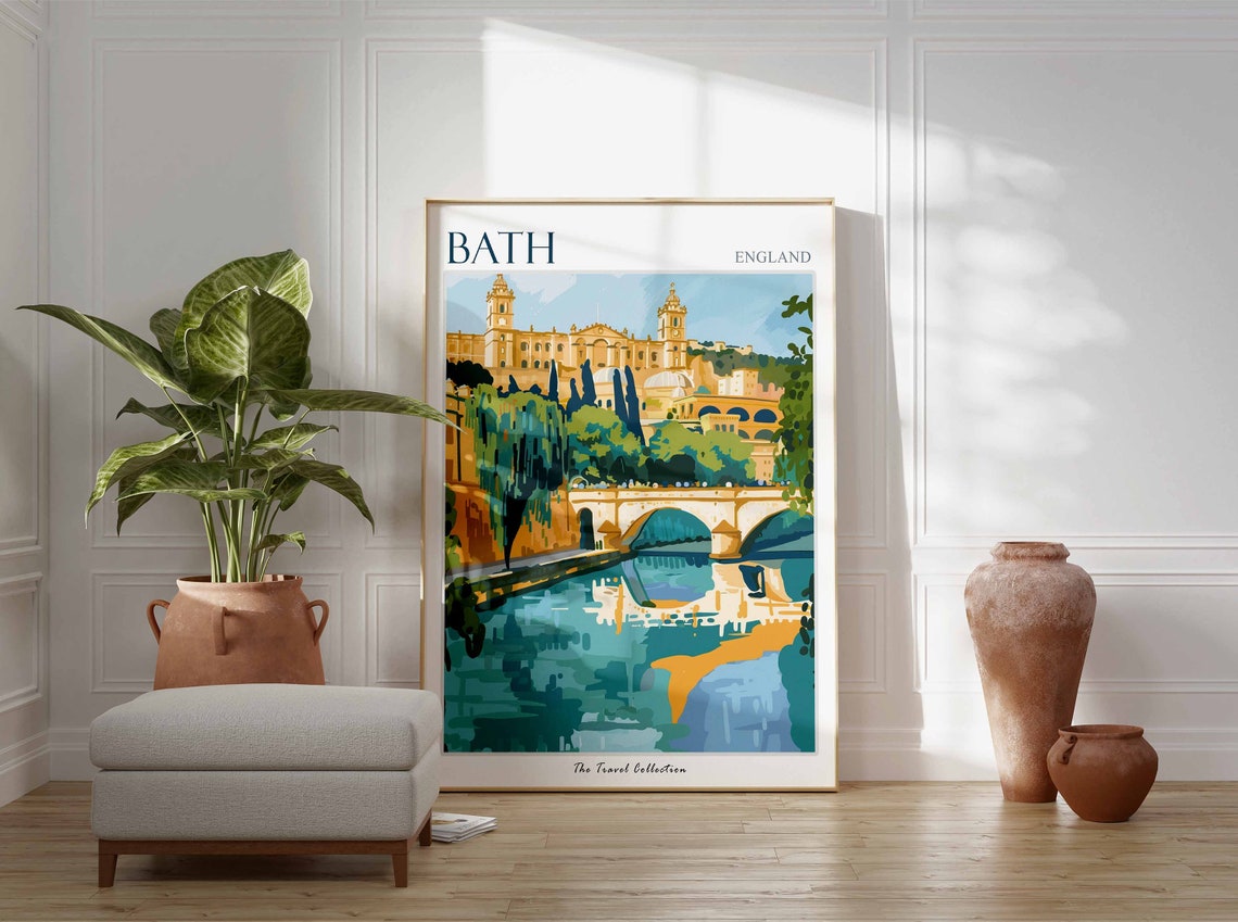 Bath England Georgian Riverside Bridge Illustrated Travel Poster - Image 2