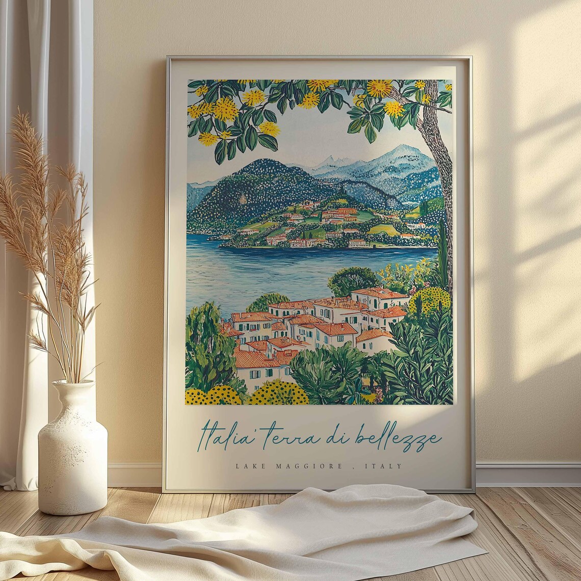 Lake Maggiore Hillside Village Red Roofs Folk Art Travel Poster - Image 2