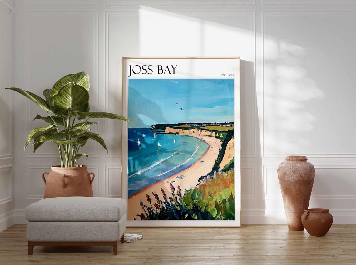 Joss Bay England Curved Sandy Bay Cliffs Sailing Scene Poster - Image 3