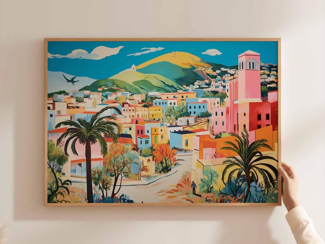 Caracas Hillside Town Pink Bell Tower Green Hills Scenic Art Poster
