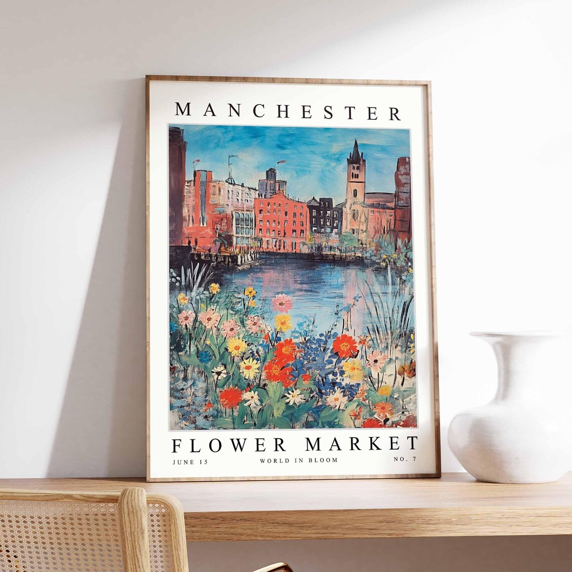 Manchester England Flower Market Painterly Floral Travel Poster
