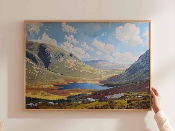 Cairngorms National Park Autumn Valley Lake Mountain Painting Poster