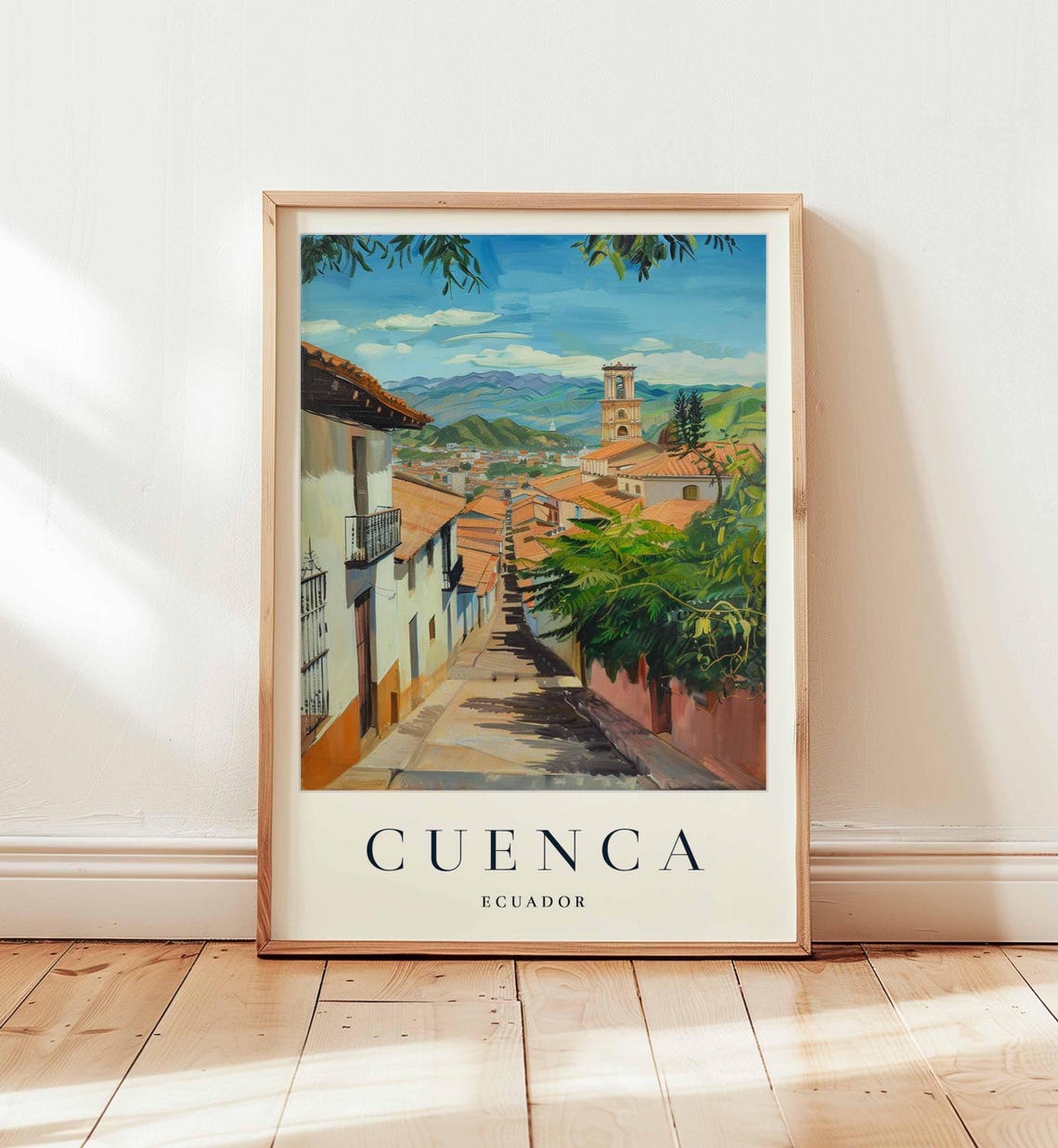 Cuenca Ecuador Andean Church Tower Street Scene Travel Poster