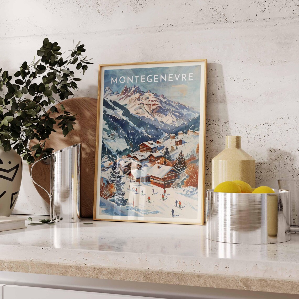 Montgenevre France Daytime Village Skiers Slope Rugged Peaks Ski Poster - Image 2
