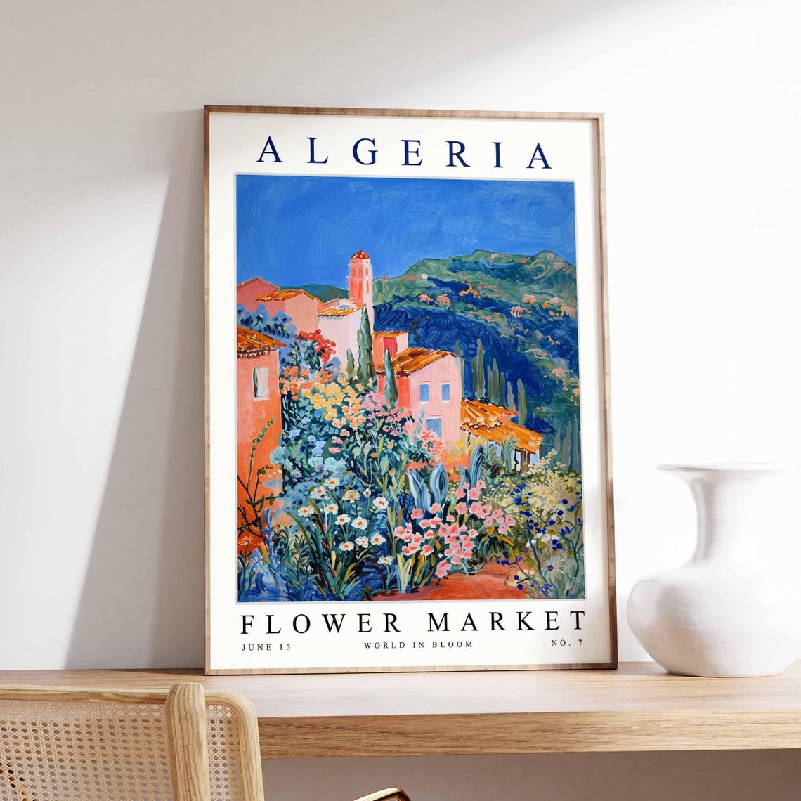 Algeria Pink Village Bell Tower Wildflower Mountain Bloom Poster