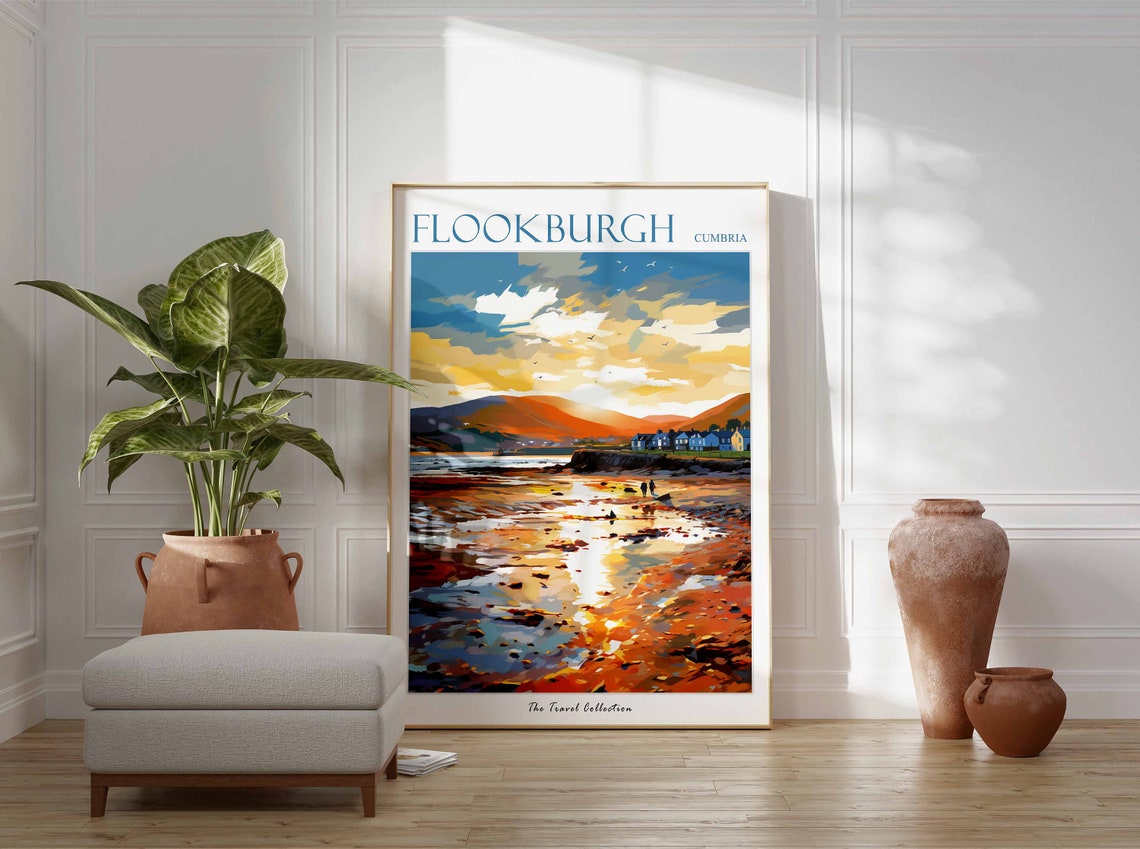 Flookburgh Cumbria Golden Beach Sunset Scene Vintage Travel Poster - Image 3