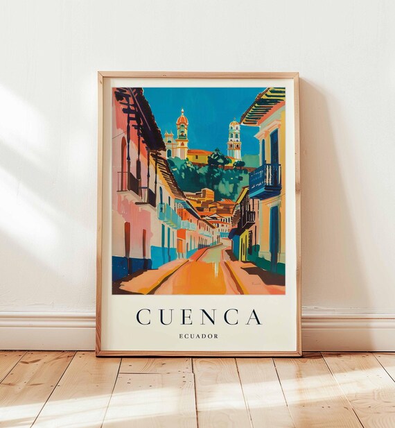 Cuenca Ecuador Colonial Street Twin Cathedral Towers Travel Poster