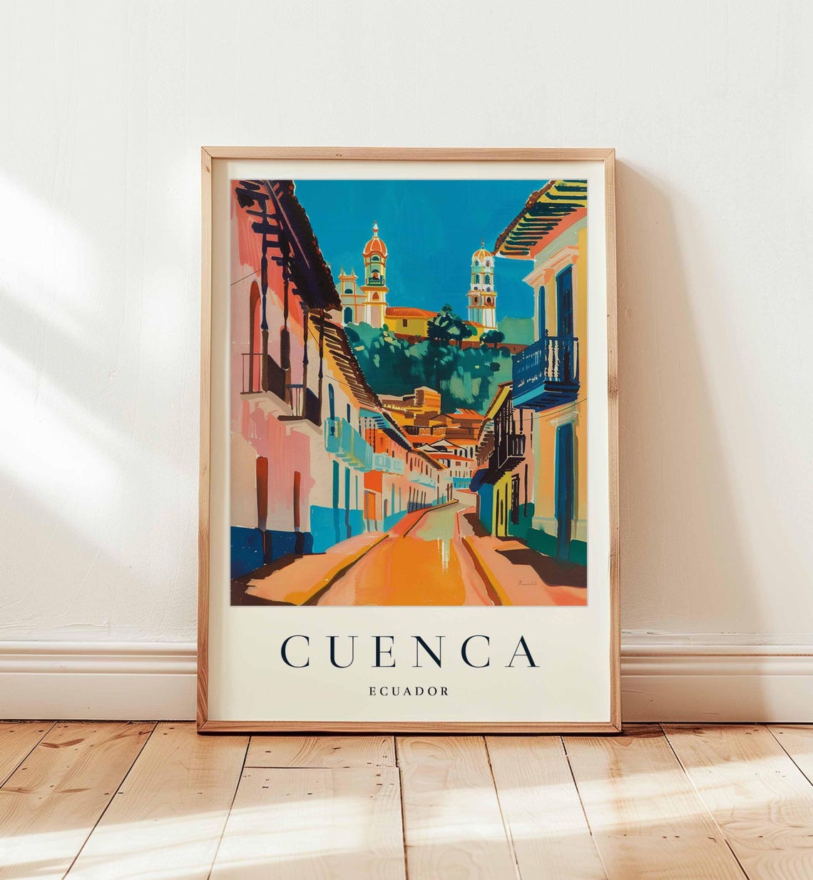 Cuenca Ecuador Colonial Street Twin Cathedral Towers Travel Poster