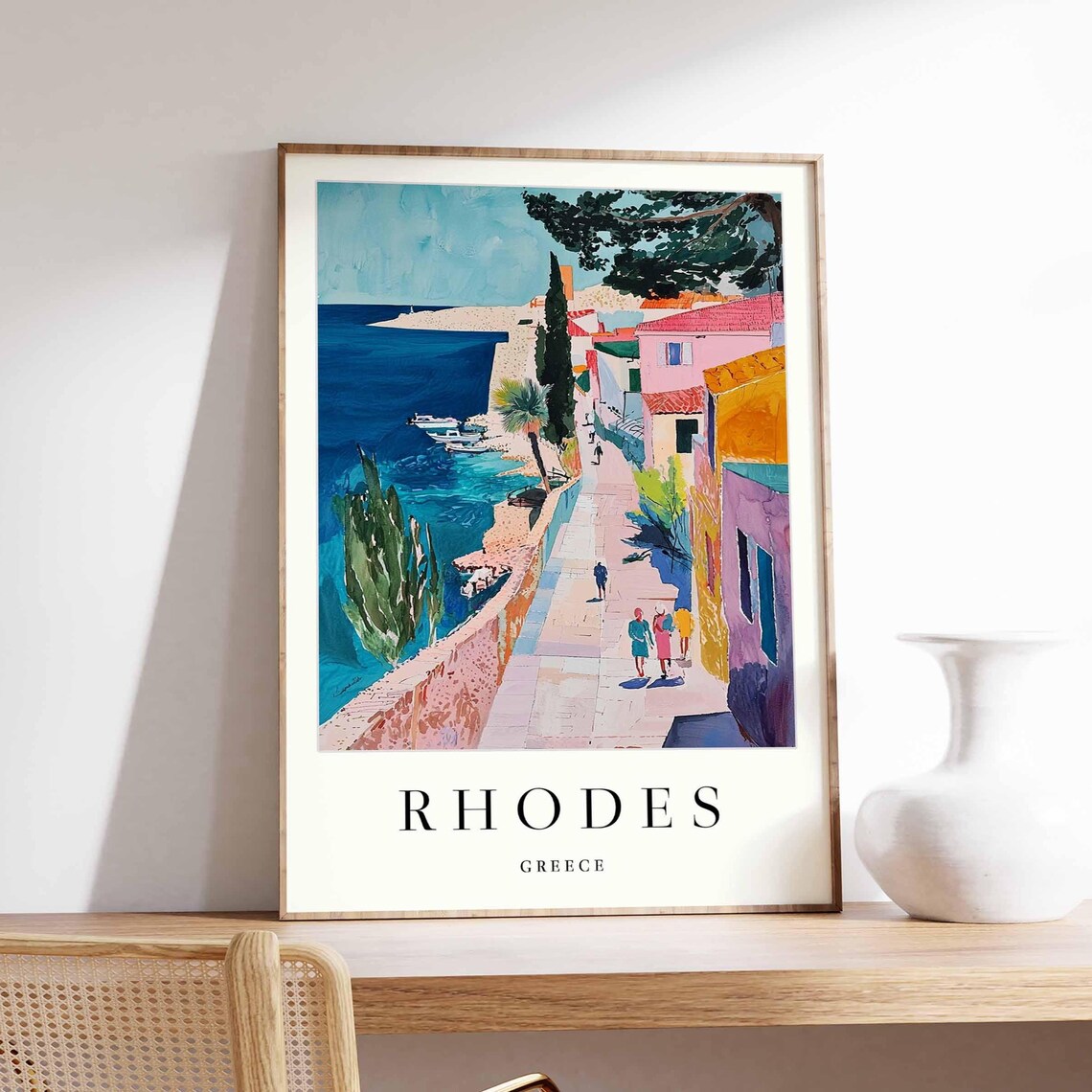 Rhodes Greece Colorful Coastal Old Town Harbor Travel Art Poster