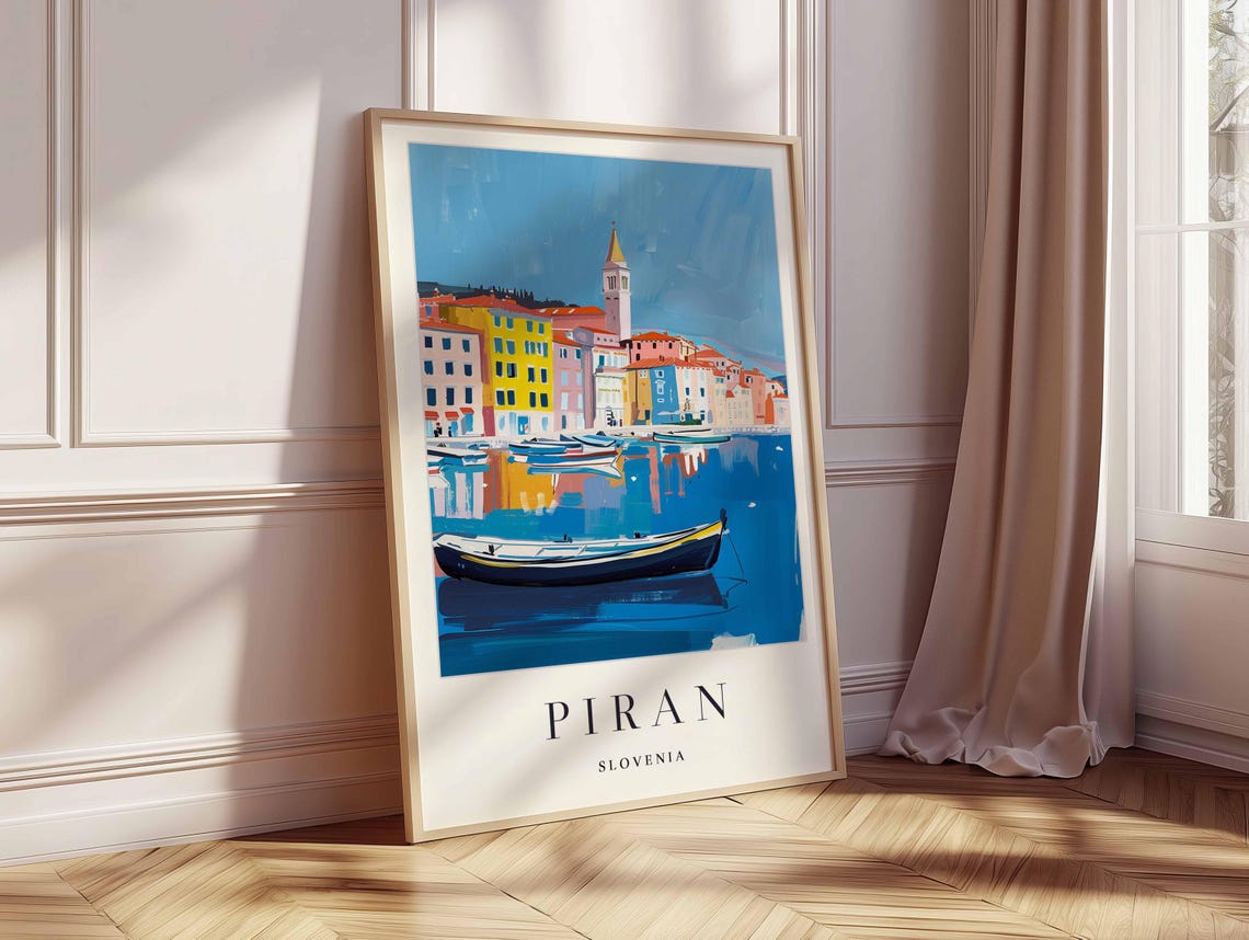 Piran Slovenia Harbor Reflections Rowboats Colorful Waterfront Poster - Image 2