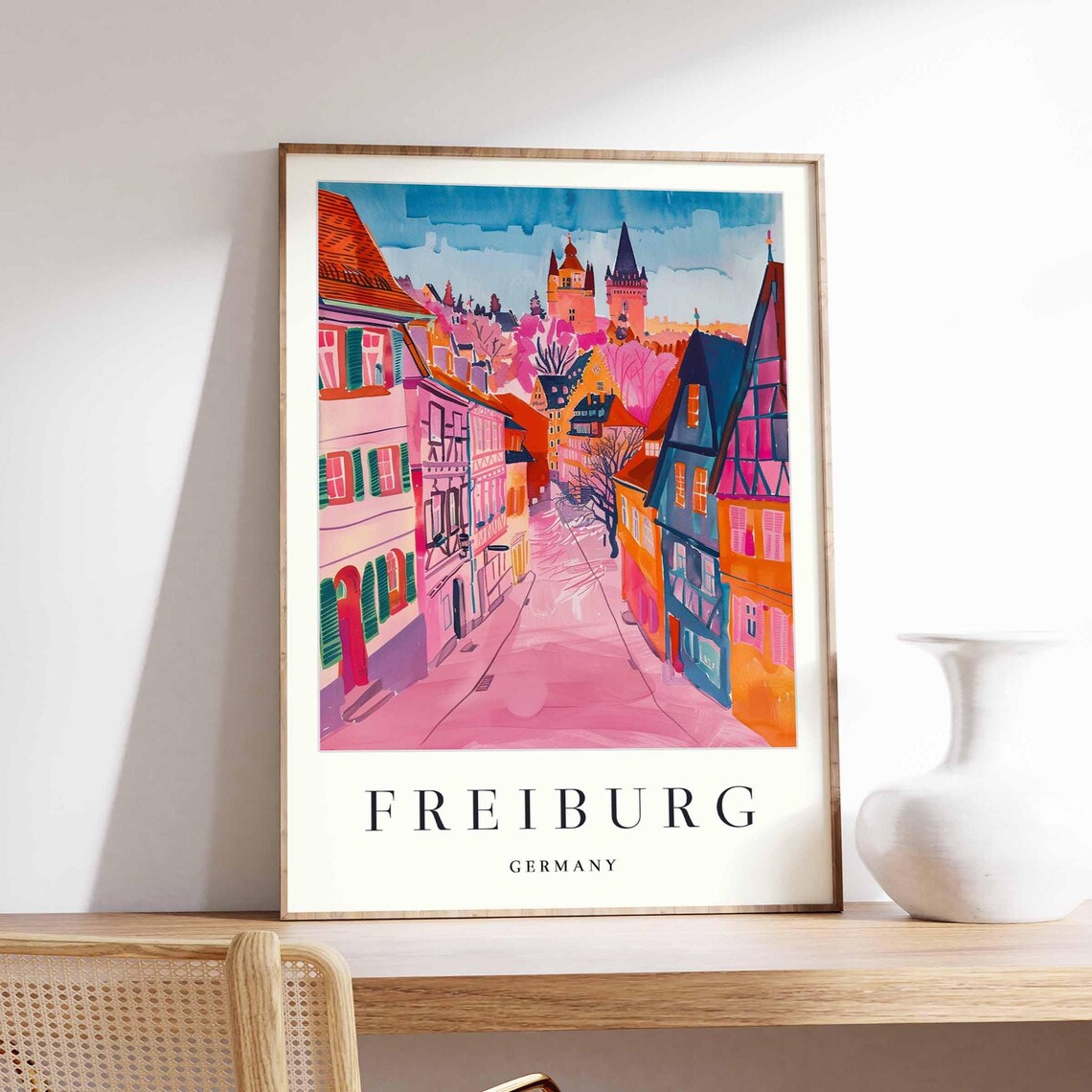 Freiburg Germany Travel Poster Pink Street Half Timbered Houses Old Town