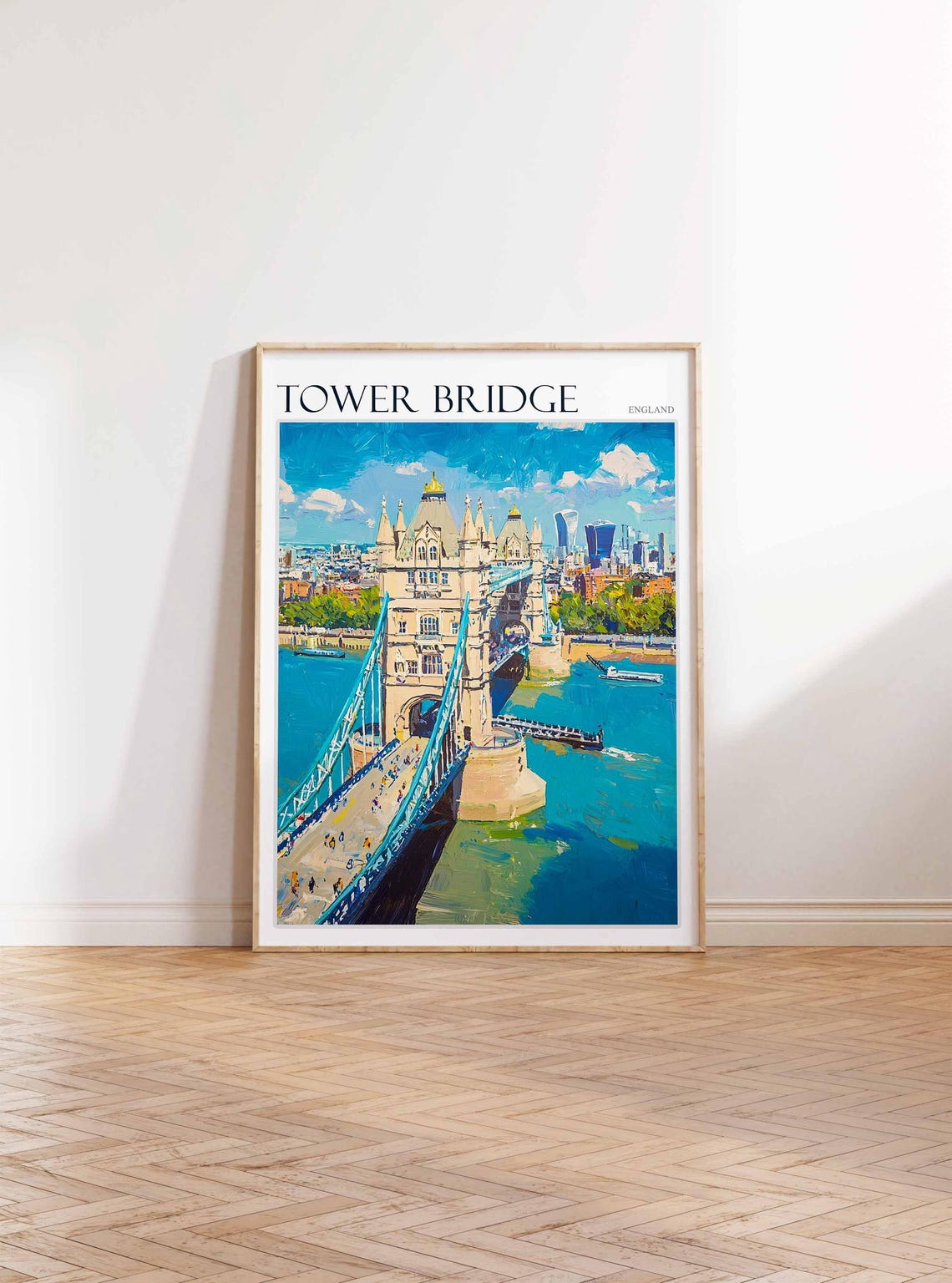 Tower Bridge Crowded Walkway Aerial Cityscape Painted Art Poster - Image 2