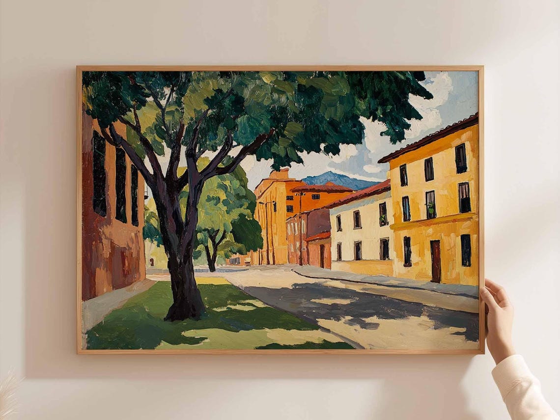 Sunlit Street Big Shade Tree Ochre Buildings Painting Poster