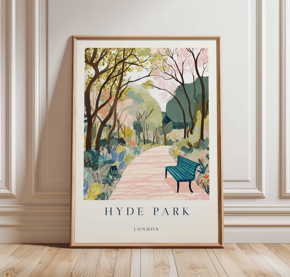 Hyde Park London Blossom Walk Bench Floral Path Travel Poster