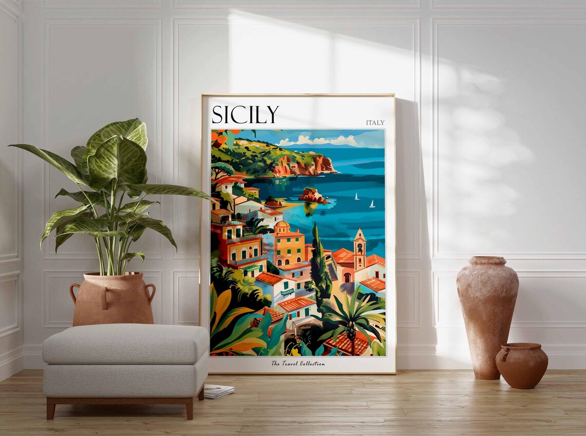 Sicily Italy Coastal Village Scene Painted Mediterranean Travel Poster - Image 2