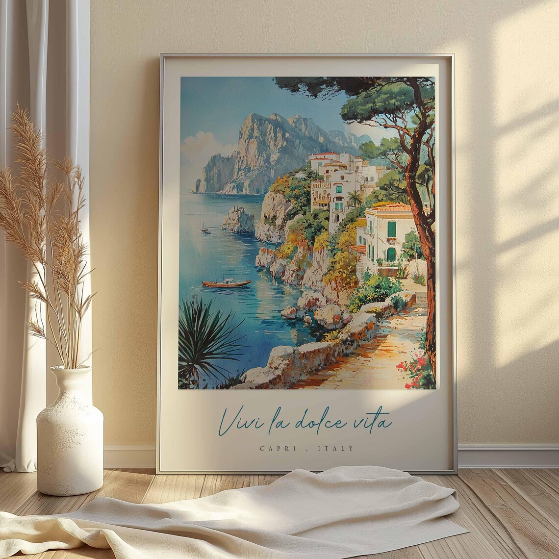Capri Italy Vivi la Dolce Vita Cliffside Village Watercolor Poster - Image 2