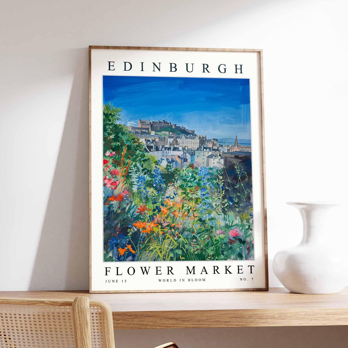 Edinburgh Flower Market Castle Wildflower Meadow Blue Sky Poster
