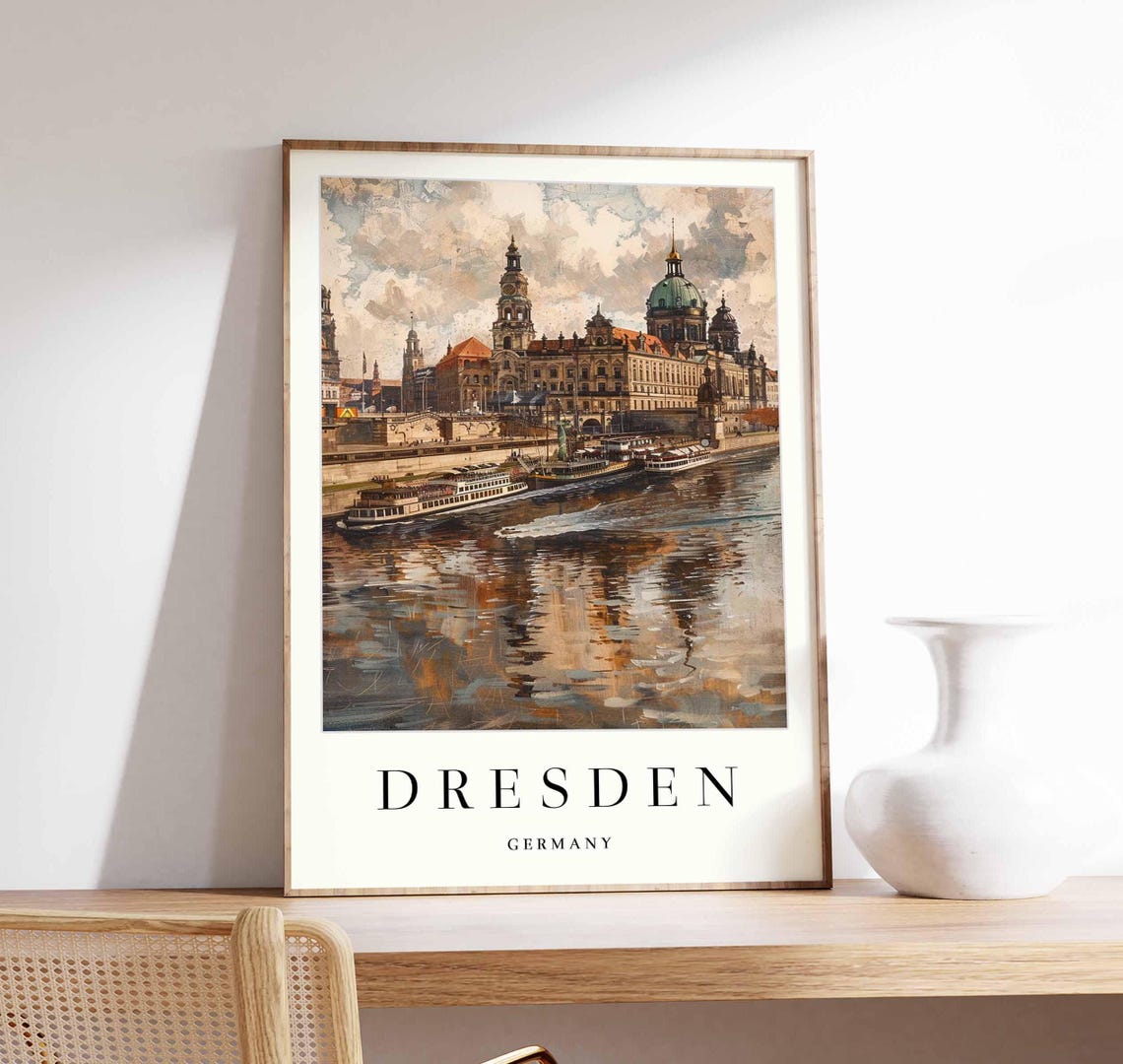 Dresden Germany Moody Old Town Steamers Cloudy Sky Reflections Poster