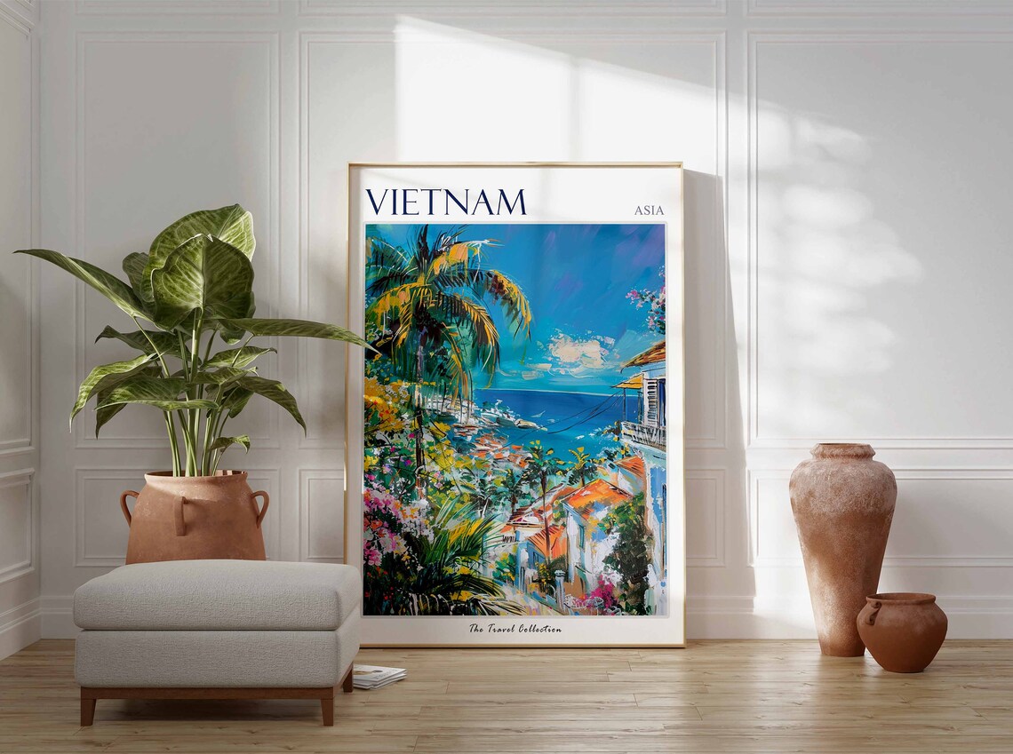 Vietnam Asia Seaside Town Palms Terracotta Roofs Harbor Poster - Image 2