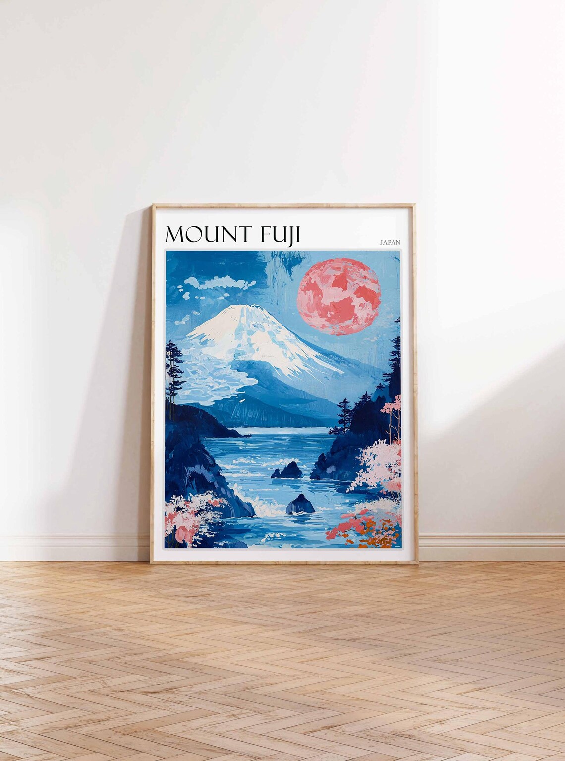 Mount Fuji Japan Red Sun Cherry Blossom Lakeside Painting Art Poster - Image 2