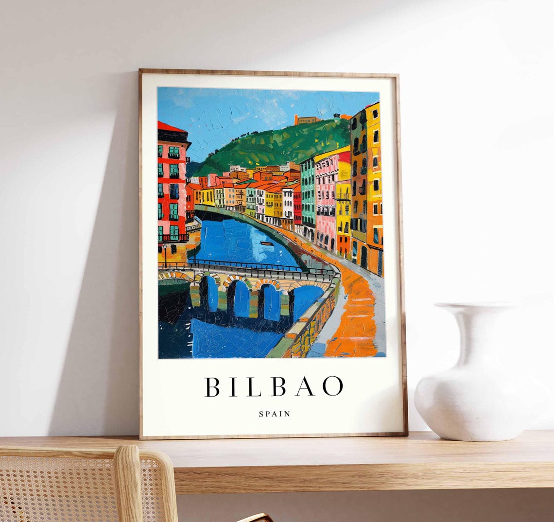 Bilbao Spain Colorful Bridge Old Town Travel Poster Basque River Art