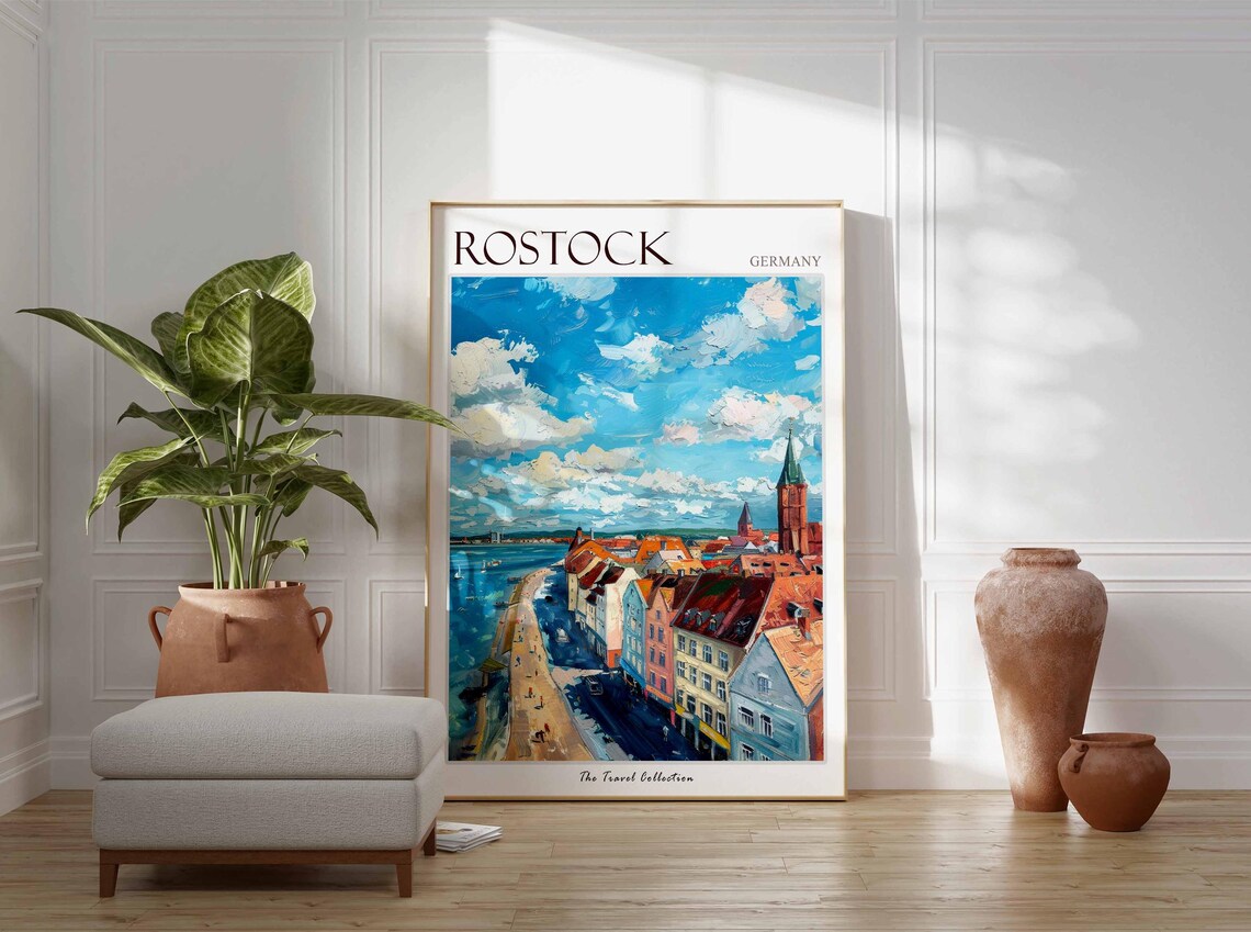 Rostock Germany Seaside Promenade Painted Harbor Town Travel Poster - Image 3