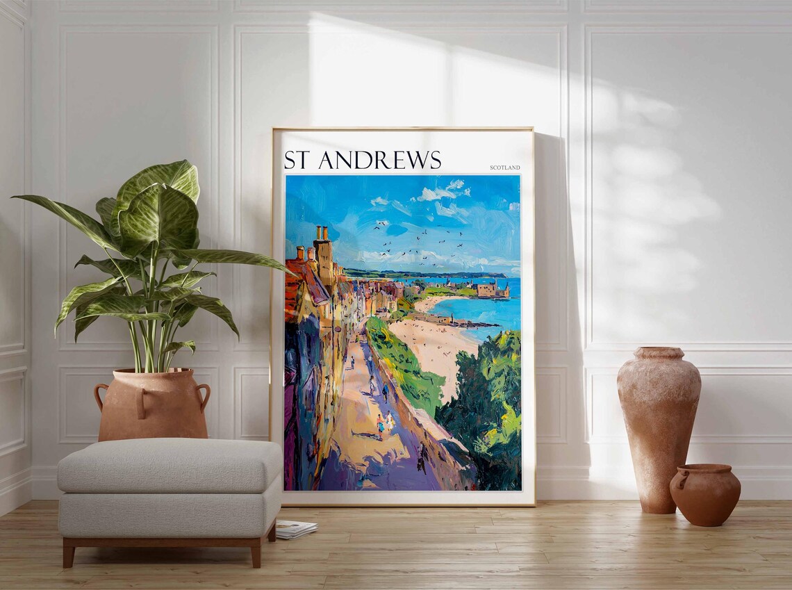 St Andrews Scotland Old Town Street Seagulls Beach Painting Poster - Image 2