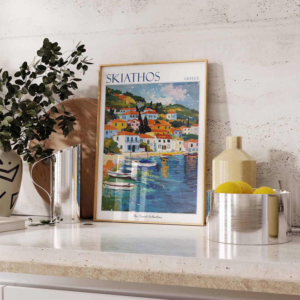 Skiathos Greece Harbor Fishing Boats Colorful Hillside Art Poster - Image 2