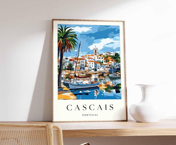 Cascais Portugal Marina Sailboats Church Tower Watercolor Poster
