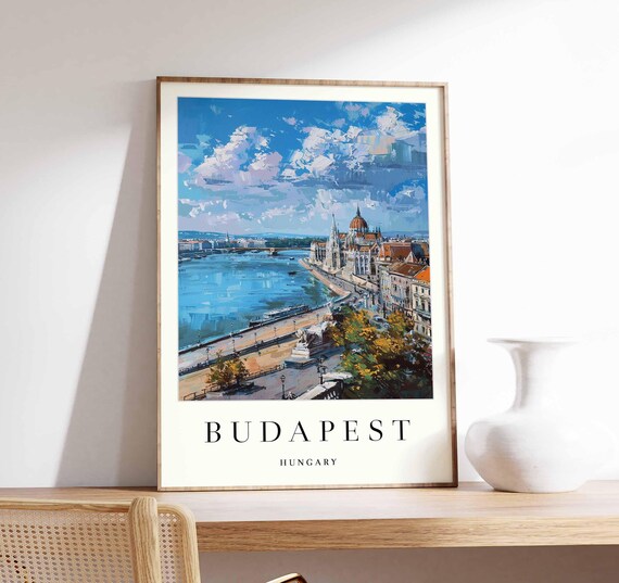 Budapest Danube Promenade Blue Sky Painterly Parliament Poster