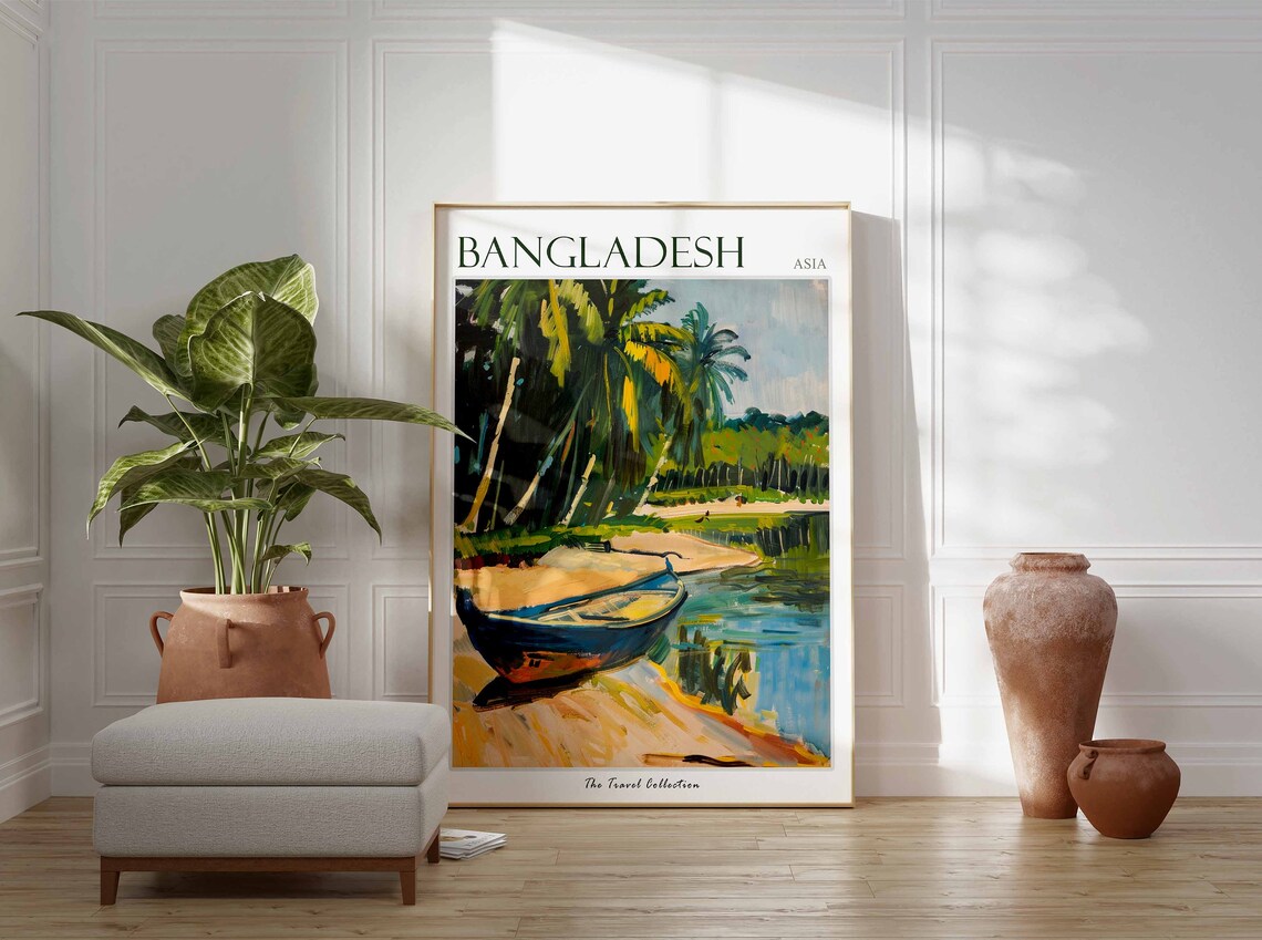 Bangladesh Asia Wooden Boat Sandy Riverbank Palms Travel Poster - Image 2
