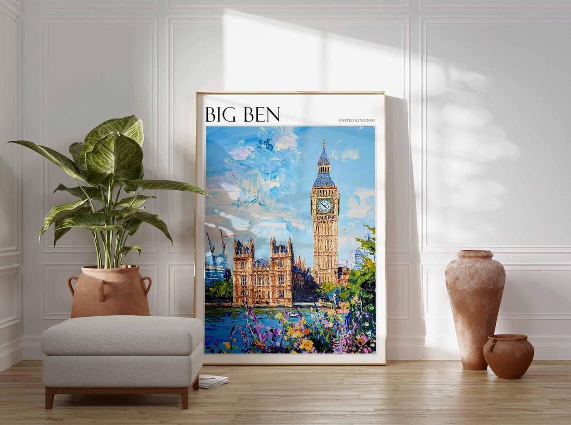 Big Ben United Kingdom Parliament Thames Wildflowers Scene Poster - Image 2
