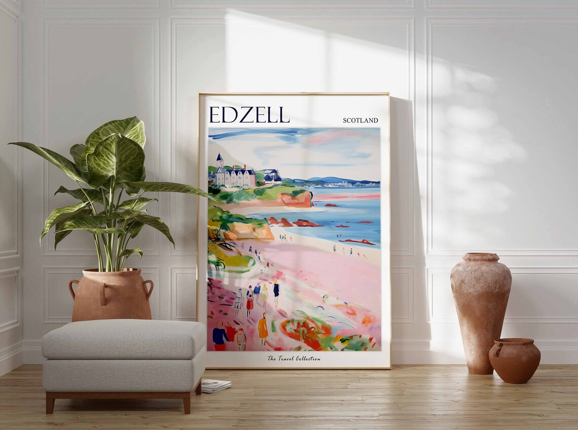 Edzell Scotland Pink Sands With Grand Cliffside Building Travel Poster - Image 3