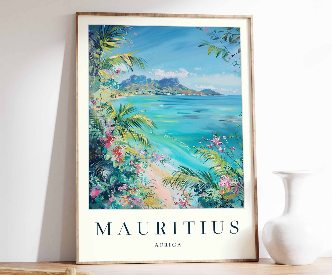 Mauritius Africa Colorful Tropical Bay Palms Painting Poster