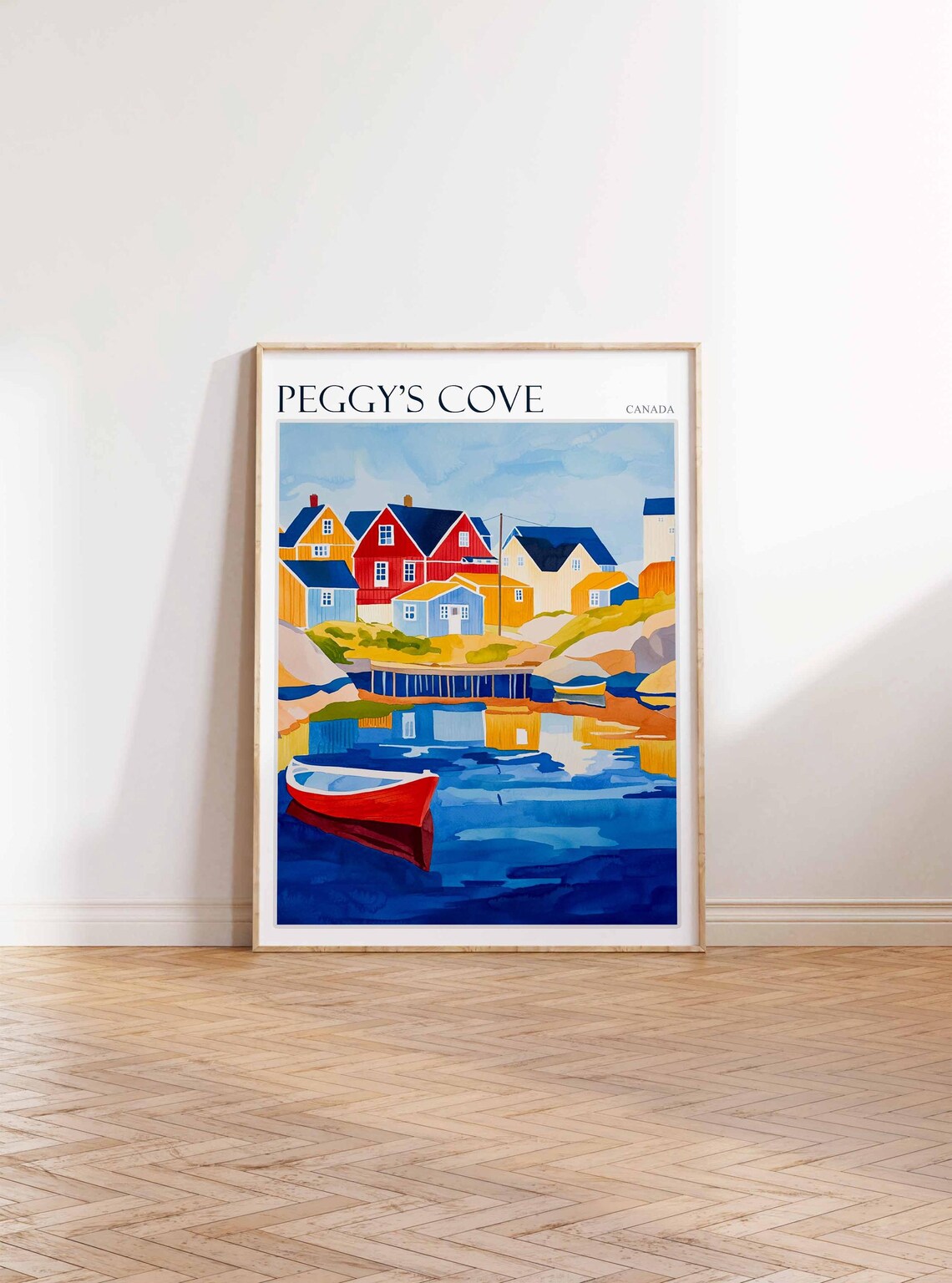 Peggy's Cove Canada Red Boat in Blue Harbour with Houses Poster - Image 2
