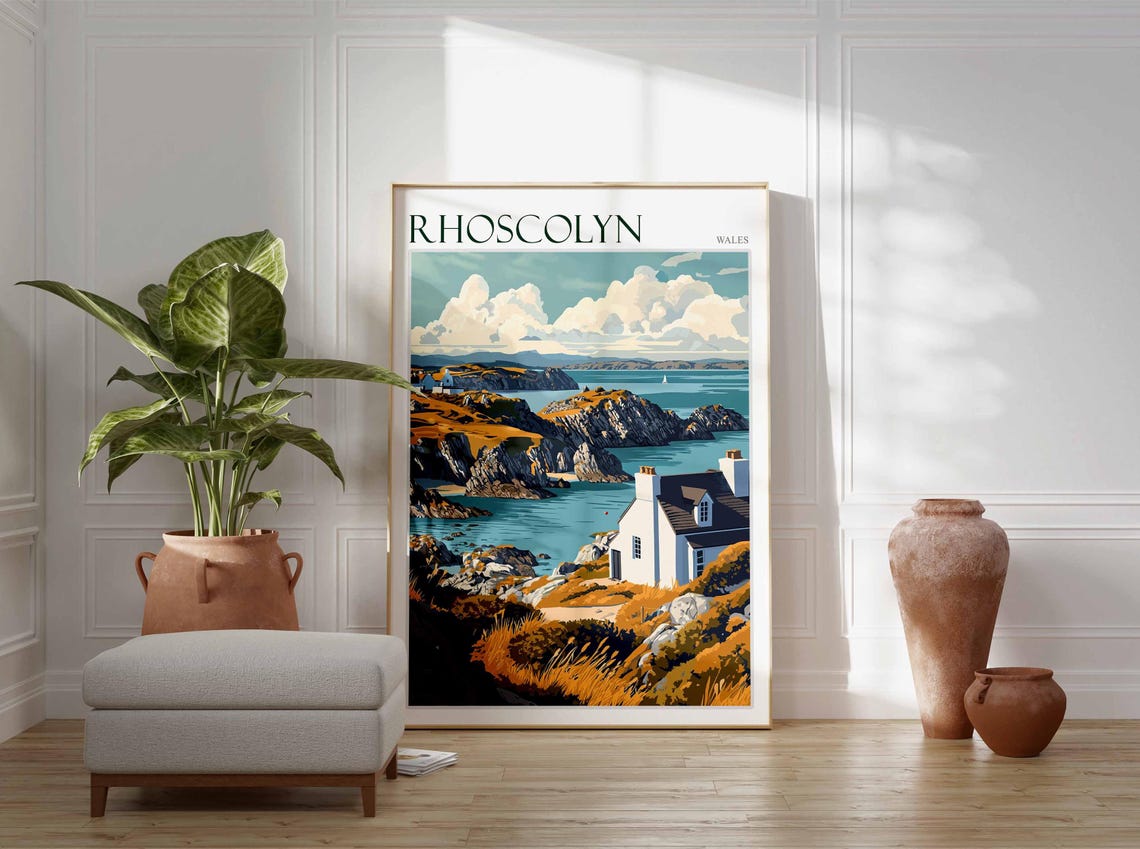 Rhoscolyn Wales White Cottage Golden Rocks Bay Scene Art Poster - Image 4