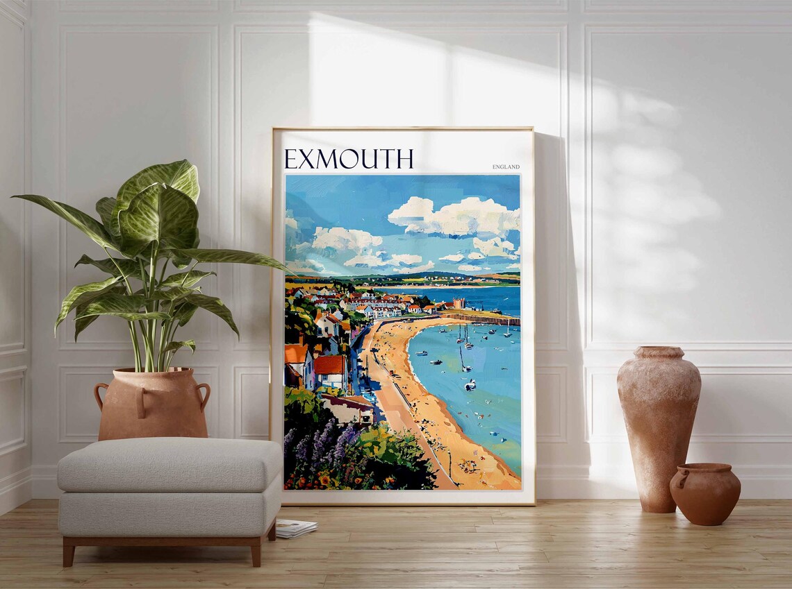 Exmouth England Cliff Town Beach Sailboats Painted Art Poster - Image 3