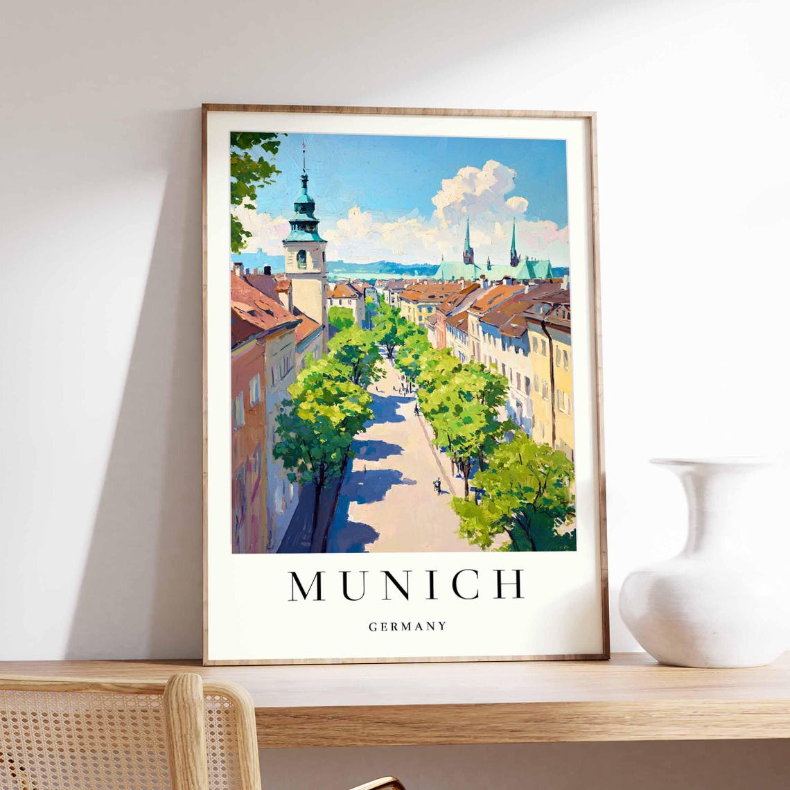 Munich Tree Lined Avenue With Church And Cathedral Spires Poster
