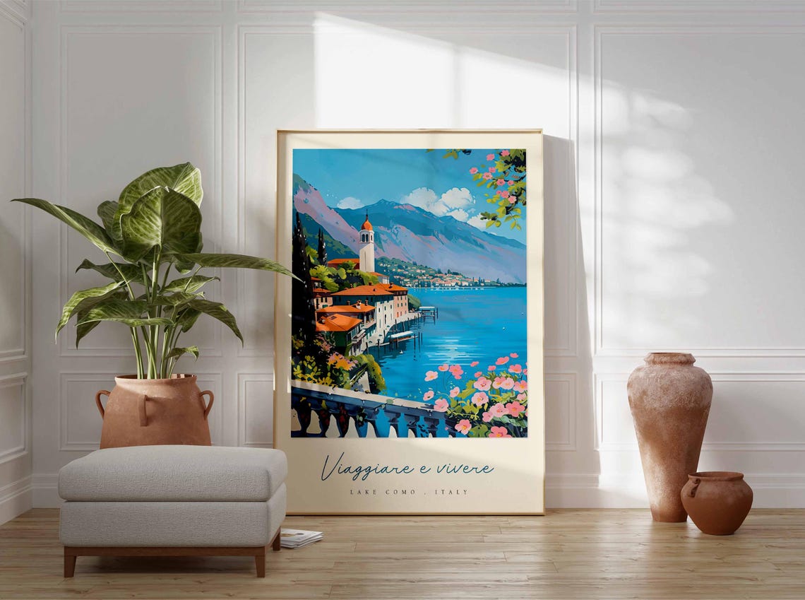 Lake Como Italy Flowered Balcony Terrace Over Lake Village Poster - Image 3