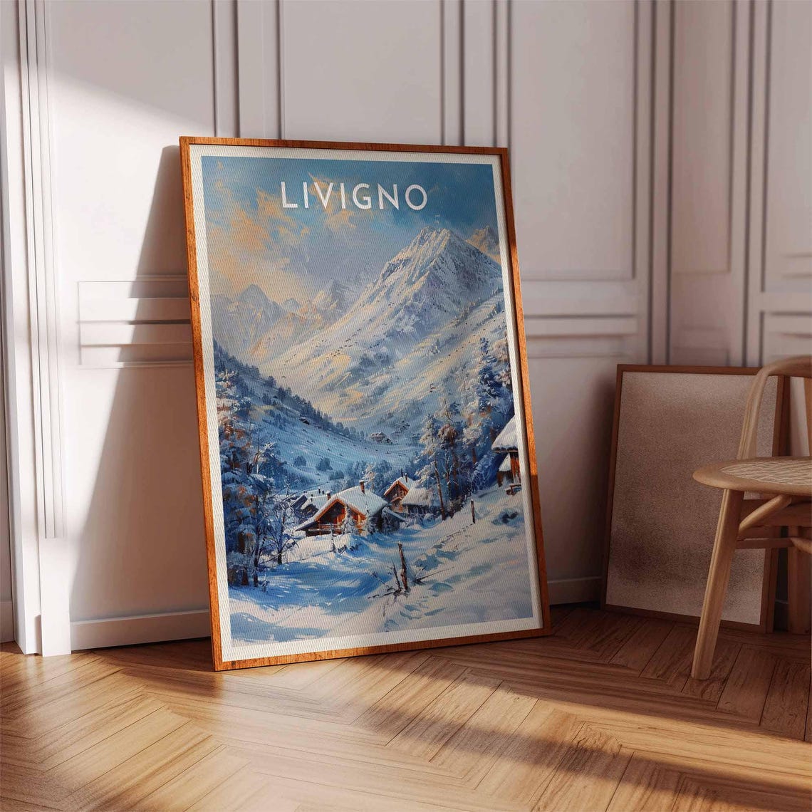 Livigno Italy Retro Snowy Chalet Alpine Golden Sunrise Poster - Image 3