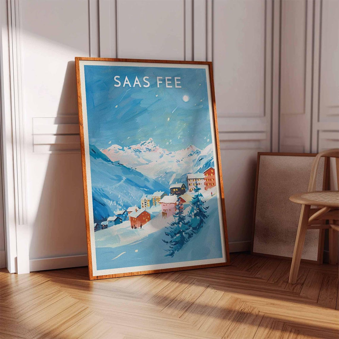 Saas Fee Switzerland Moonlit Blue Sky Warm Chalets Snowy Peaks Poster - Image 3