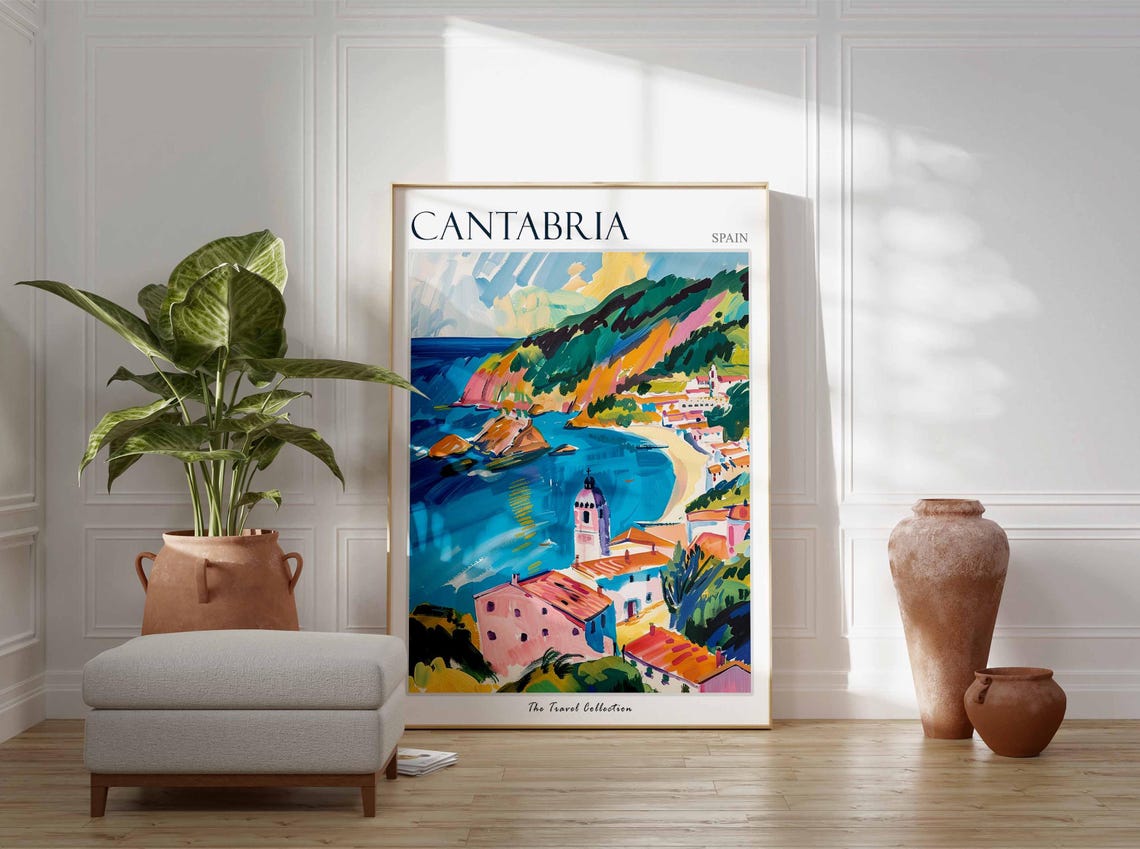 Cantabria Cliffside Cove Fishing Village Spain Travel Poster - Image 3