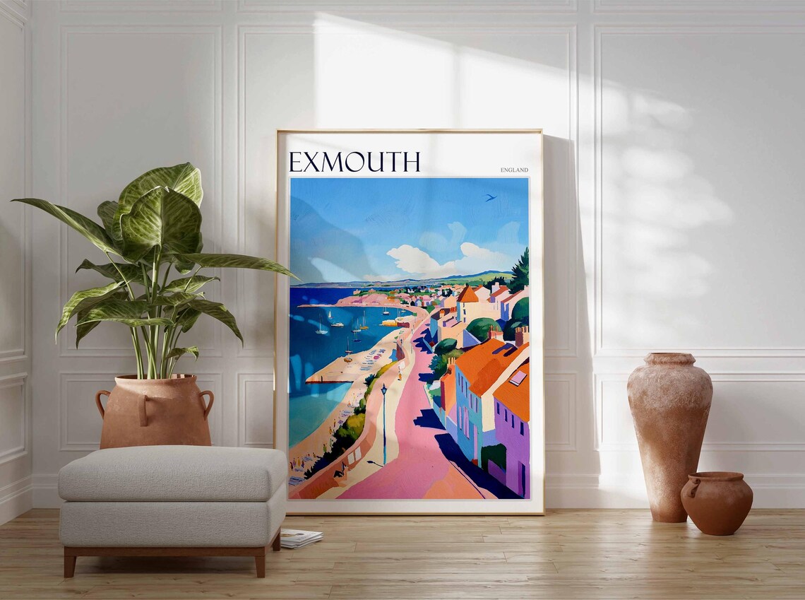 Exmouth England Pink Promenade Seaside Houses Painting Poster - Image 3