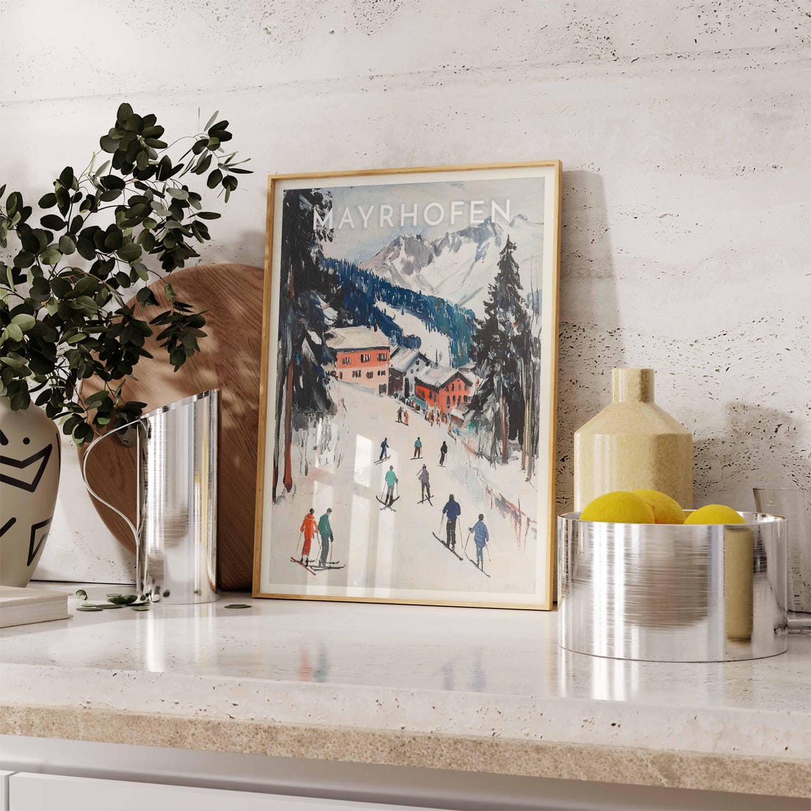 Mayrhofen Red Chalets Dark Firs Ski Run Village Scene Poster - Image 2