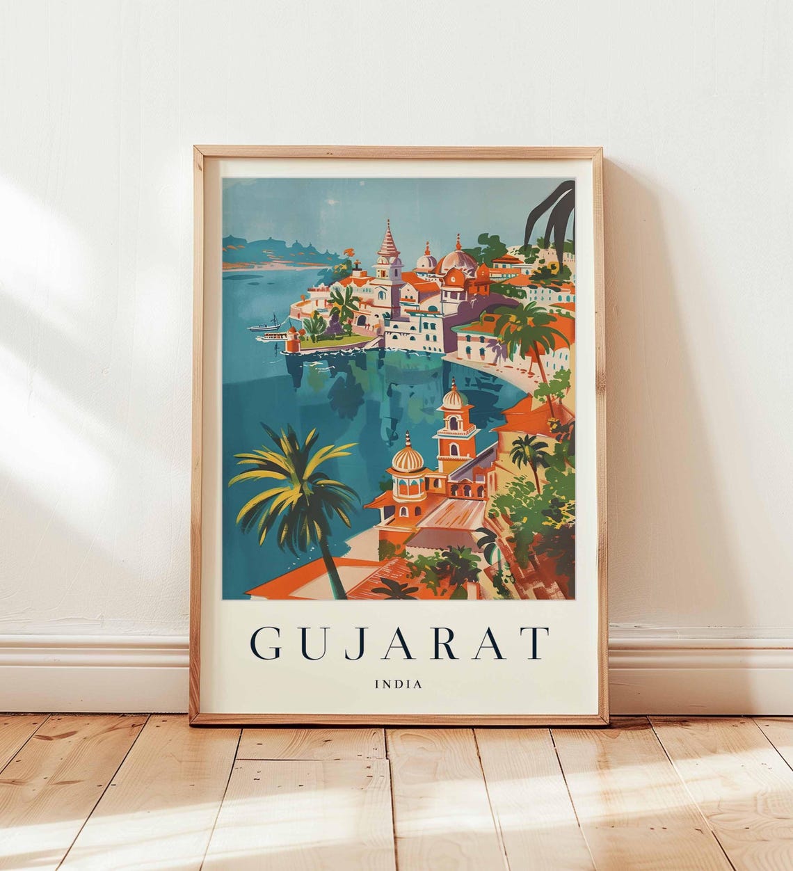 Gujarat India Coastal Temples Palm Bay Vintage Travel Art Poster