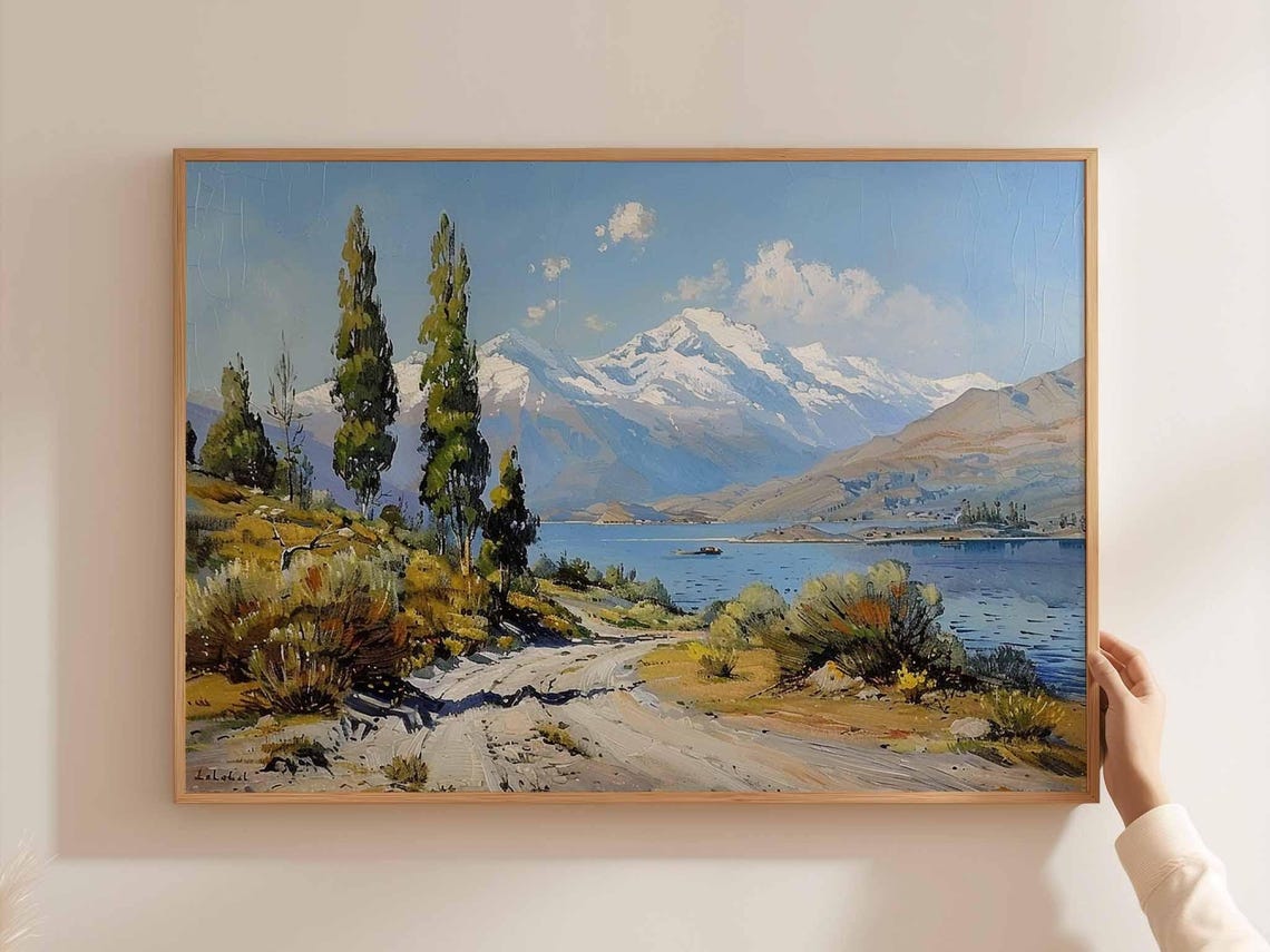 Dirt Road Through Poplars To A Blue Lake And Snow Mountain Poster