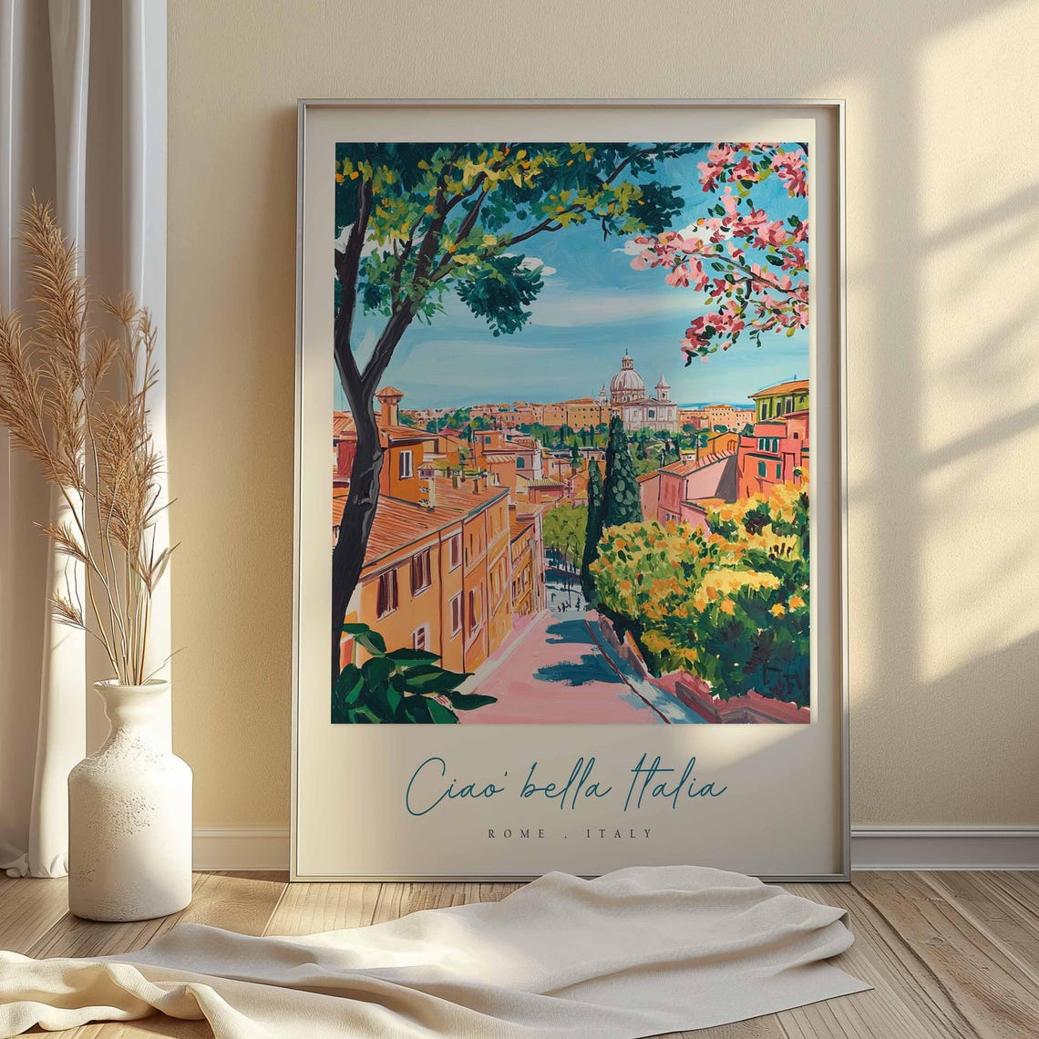 Rome Italy Orange Rooftops Street Dome View Watercolor Poster - Image 2