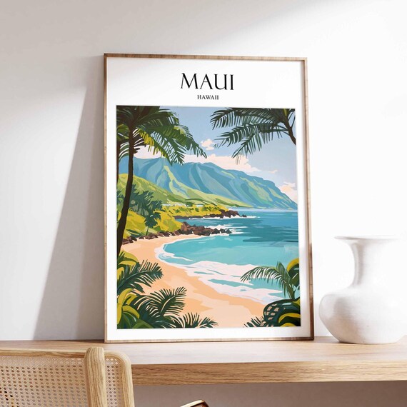Maui Hawaii Palm Framed Crescent Beach Turquoise Surf Travel Poster