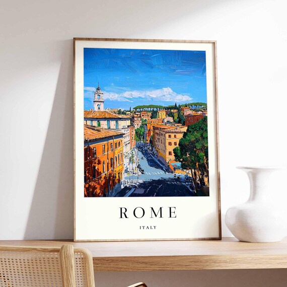 Rome Italy White Bell Tower Rising Among Umbrella Pines Bright City View Travel Poster